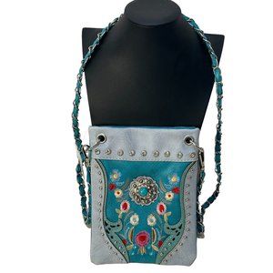 (7-201) Brand New with Tag - Turquoise Crossbody Bag with Flowers
